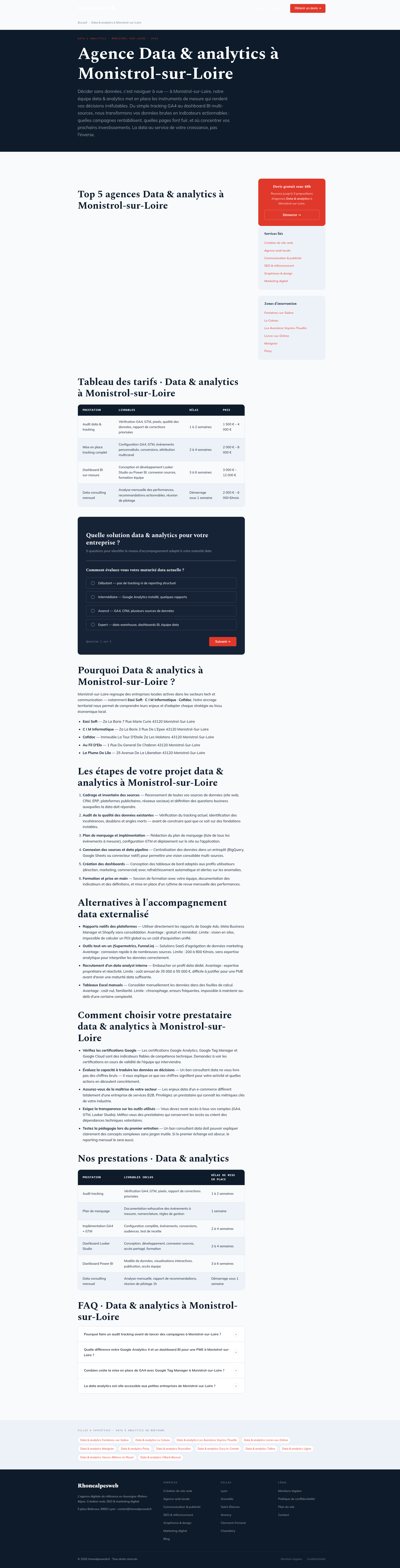 Exemple de page data analytics Rhonealpesweb avec tableau de tarifs et questionnaire