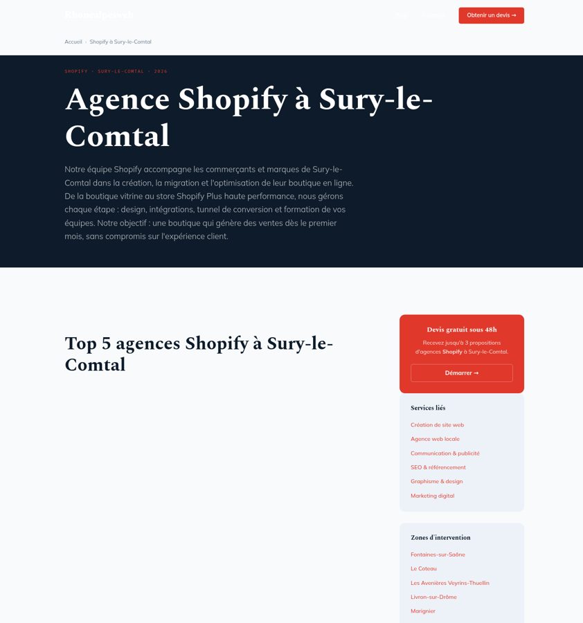 Capture d'une page service Shopify avec tarifs et étapes